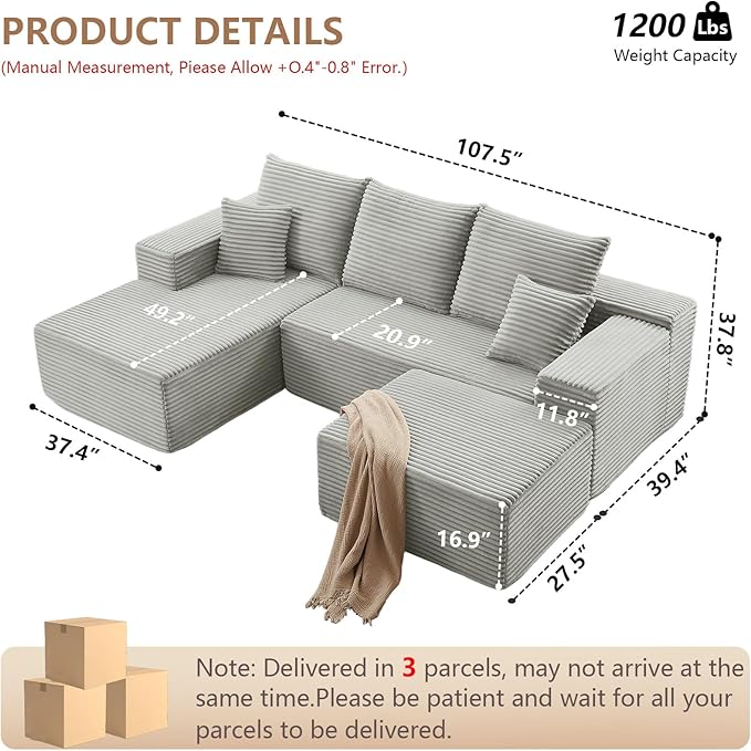 107 Modular Sectional Sofa with Ottoman Modern Corduroy Cloud Couch with Deep Seat Boneless Couch Upholstered 3-Seater U-Shaped Sofa for Living Room No Assembly (Grey Left-Facing Chaise)