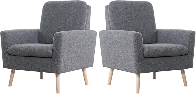 Naomi Home Frida Mid - Century Accent Chairs Set of 2 Durable Wood Frame Living Room Chairs Set of 2 Reading Chair with armrest Soft Teddy Fleece Side Chair Oak Legs arm Chairs - Gray