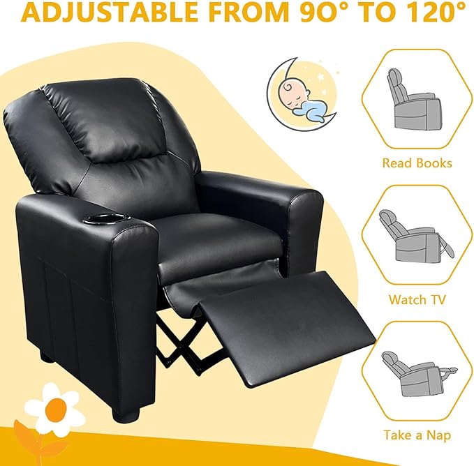 Recliner Chair for Living Room PU Leather Recliner Chair Winback Single Sofa Home Theater Chairs Adjustable Modern Reclining Chair with Padded Seat Backrest for Kids (Black)