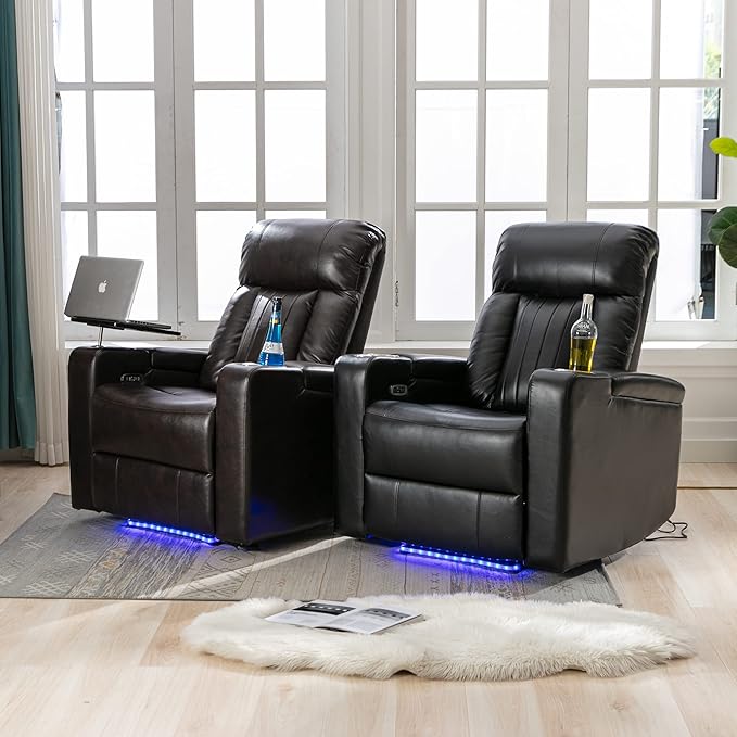Brown Power Recliner Chair with Cupholders &amp Storage - Armchair Electric Reclining with USB Port 360° Swivel Tray Table Cell Phone Stand Ambient Lighting Leather Living Room Chair for Home The