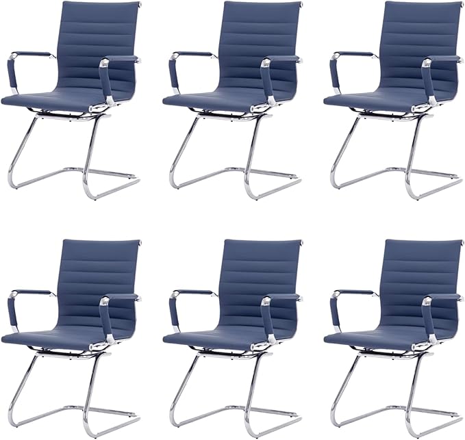 HNY Leather Office Guest Chairs &amp Reception Chairs Set of 6 Modern Waiting Room Chairs with Arms Desk Chair no Wheels with Sled Base for Waiting Room/Conference Room Navy