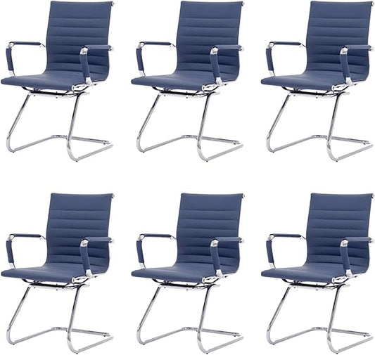 HNY Leather Office Guest Chairs &amp Reception Chairs Set of 6 Modern Waiting Room Chairs with Arms Desk Chair no Wheels with Sled Base for Waiting Room/Conference Room Navy