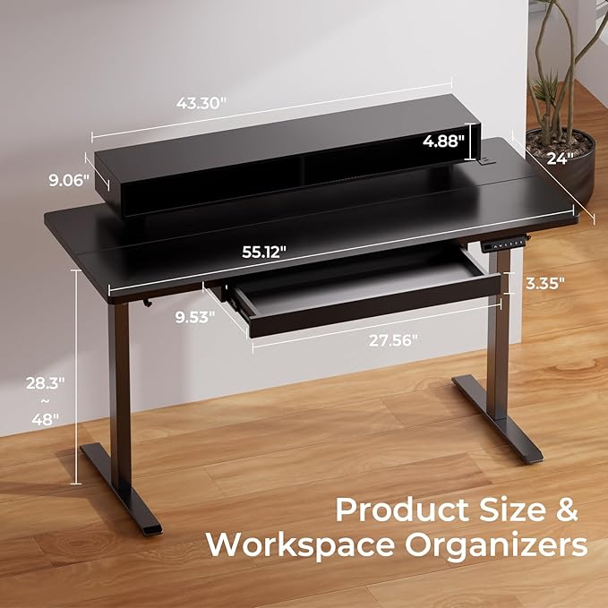 GTPLAYER Electric Standing Desk with Drawers 55 x 24 Inch Height Adjustable Gaming Desk with Monitor Stand Power Outlets &amp LED Lights Home Office Sit Stand Up Desk with Memory Preset (Black)