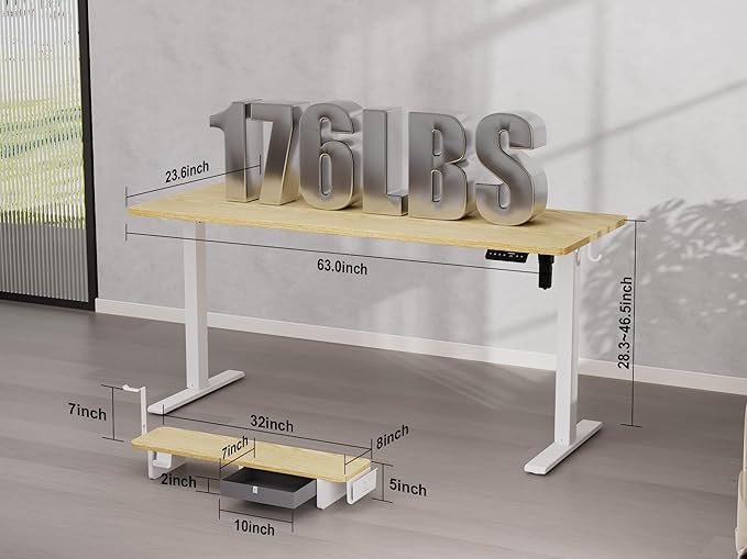 63x24 Inches Electric Standing Desk with Drawer and Monitor Stand Height Adjustable Sit to Stand up Desk for Home Office Ergonomic Computer Table with Phone Holder 3 Hooks Oak
