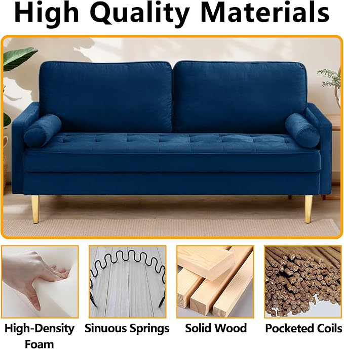 65 Inch Green Velvet Couch Small Loveseat Sofa &amp Office Sofa for Small Space Couch for Bedroom Livingroom 2 Pillows Gold Legs Tufted Seat (Navy)