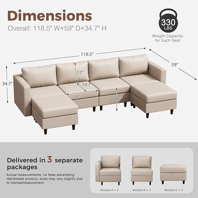 ABCASA 118.5 Oversized Modular Sectional Sofa Faux Leather 6 Seater U Shaped Couch with Movable Ottoman and Storage Seat with Reversible Chaise Deep Seat for Living Room Whitesand