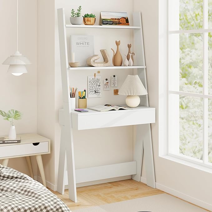 Giantex 3 Tier Ladder Desk with Drawer 33’’ Width Ladder Shelf with Anti-Tipping Device Freestanding Bookshelf Leaning Computer Desk with Shelves for Small Space (White)