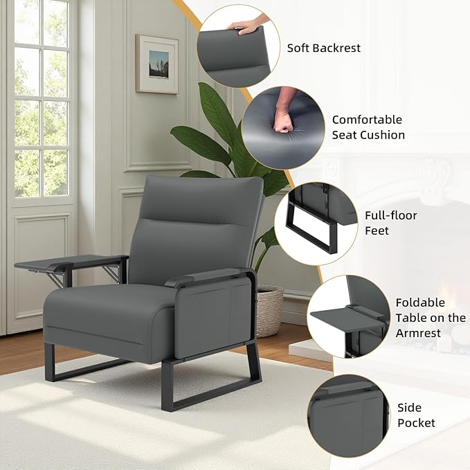 Faux Leather Accent Chair with Flip Up Tray Table Soft Backrest Side Pocket for Living Room Office Bedroom Leather Accent Chair Gray