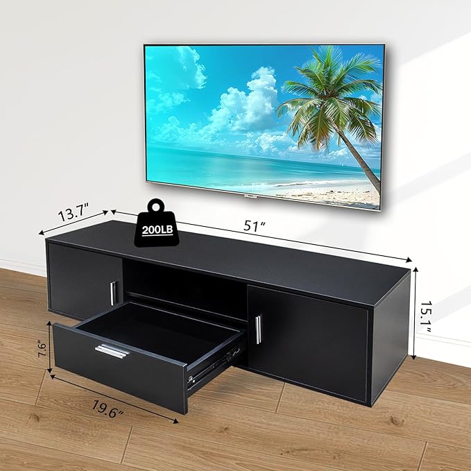 Modern TV Stand for 55 Inch TV – Black Entertainment Center with LED Lights &amp Spacious Storage Cabinets Sturdy Media Console for Family Living Room or Bedroom