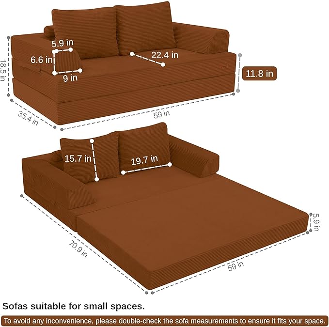 COMAX Convertible Sofa Bed Folding Floor Couch Corduroy Fold Out Couch Bed Futon Sleeper Mattress with Pillows Boneless Sofa Comfy Lounge Loveseat for Living Room Bedroom Orange