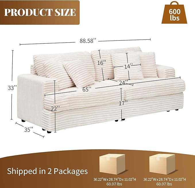 Modern Cloud Couch 3-Seater with 4 Matching Toss Pillows 88.58 Soft Corduroy Sofa with Deep Seat for Small Spaces Living Room Apartment (White)