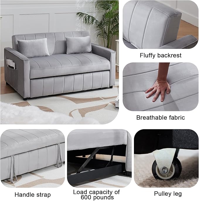 Convertible Sofa BedVelvet Sleeper Sofa Bed with Side Pockets 3 in 1 Pull Out Couch with Adjustable Backrest for Living Room Bedroom Apartment (Grey)