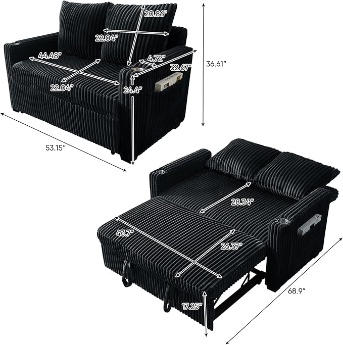 Antetek Pull Out Sofa Bed Futon Convertible Modern Corduroy Loveseat Chaise Lounge Sofa Couch with USB Charging Ports &amp Cup Holders for Guest Room Living Room Bedroom Adjustable Backrest Black
