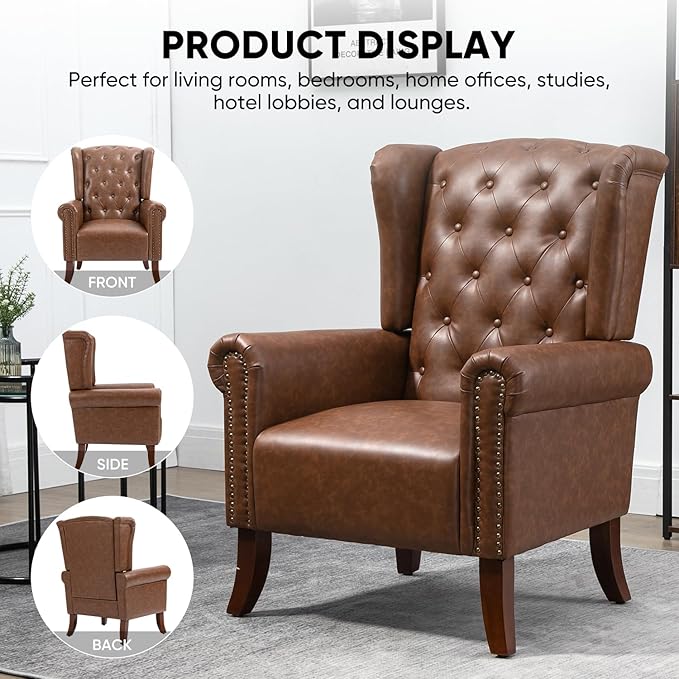 MOJAY Mid-Century PU Leather Accent Chair Living Room Lounge Sofa Chair with Buttons Single Club Armchair with Rivet Trim for Bedroom Home Reception (Brown)