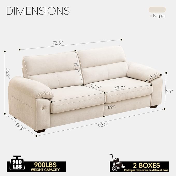 Ihanherry 90 Modern Sofa for Living Room Deep Seat Chenille Couch with Fast Charging Port &amp Removable Washable Cushions Pillow-Armrest Loveseat for Small Space/Apartment Sturdy Frame Beige