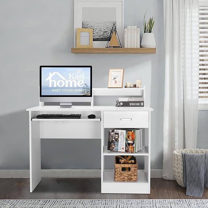 Karl home Computer Desk Study Writing Desk PC Laptop Table Wooden Home Office Workstation with Drawer Shelf Keyboard Tray White