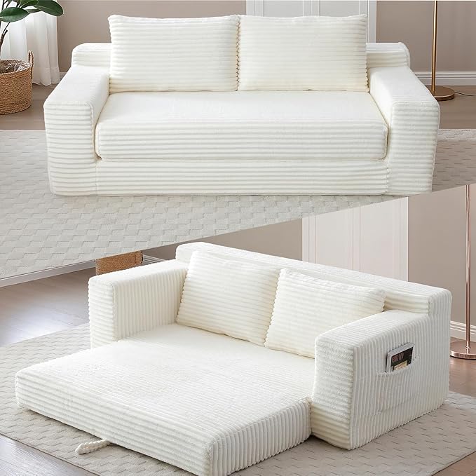 73 Memory Foam Cloud Loveseat Sofa 2 in 1 Convertible Folding Couch Bed Compressed Corduroy Floor Lounge Sofa No Assembly for Apartment Office Bedroom Living Room (Beige)
