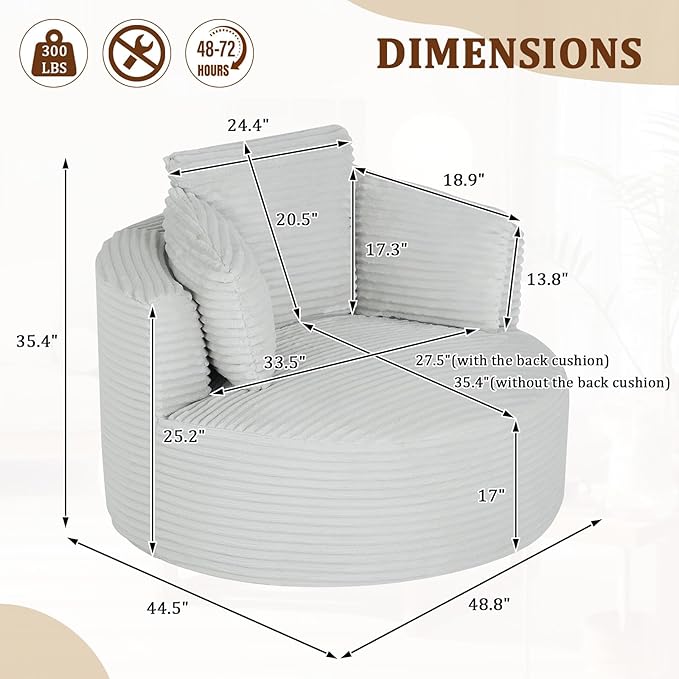 Round Chair Lounge Chaise Indoor 48.8 Oversized Sofa Chair Upholstered Corduroy Deep Seat Sleeper Sofa Bed No Assembly Required for Living Room Bedroom Apartment Light Grey