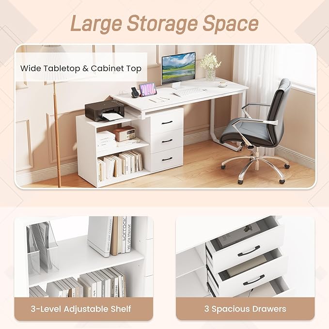 GOFLAME Reversible L Shaped Computer Desk with Charging Station 55” Home Office Desk with 3 Drawers 3-Level Adjustable Shelf Convertible Study Writing Desk for Small Space White