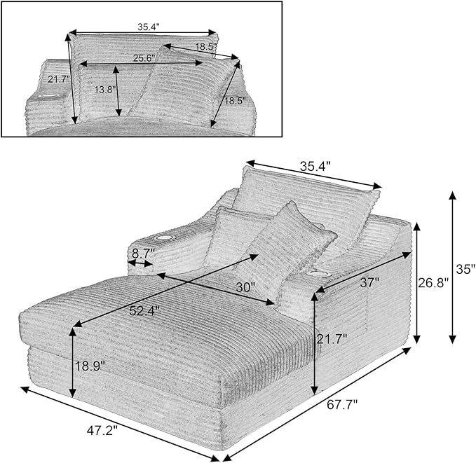 67.7 Oversized Chaise Lounge Chair Indoor Modern Corduroy Single Sleeper Couch Chair with 3 Soft Pillows＆Cup Holder Boneless Cloud Couch Single Seat Sofa for Living Room Bedroom (Blue)