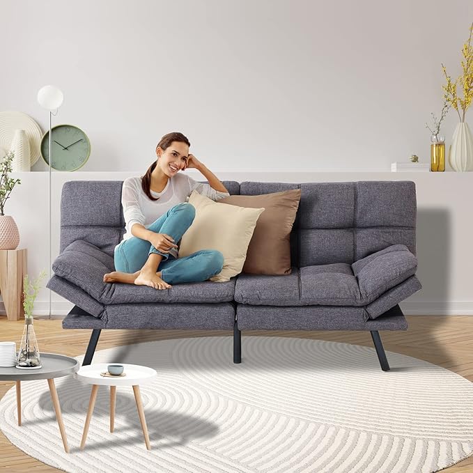 Opoiar Modern Convertible Sleeper Sofa Memory Foam Futon 71x33x32 Loveseat Bed Breathable Linen Adjustable Lounge Couch with Metal Legs Dark Grey