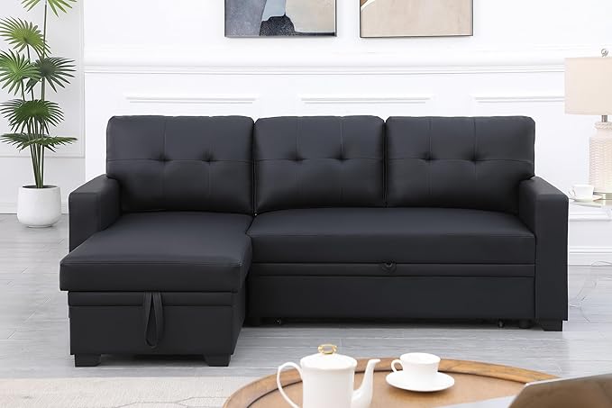Ball &amp Cast L-Shape Reversible Sectional Sleeper Sofa Bed 4 in 1 Pull Out Couch with Storage Chaise &amp Removable Back CushionsConvertible Sleeper Corner Couch Pull-Out Sofa Bed for Living Room