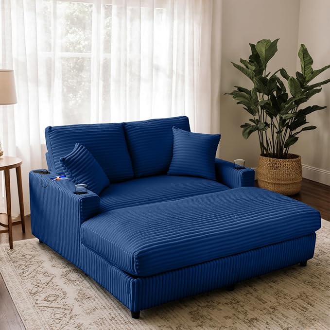 64 Chaise Lounge Indoor Reading Chair with 2 Pillows USB Charger Cup Holder Corduroy Sofa Bed Lazy Sleeper Couch Oversized Chaise Lounge Chair for Apartment Blue