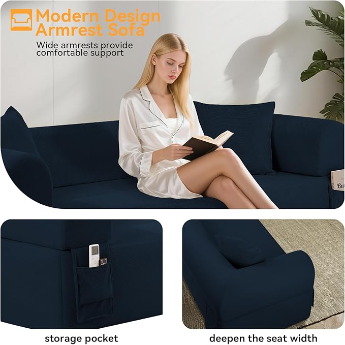 3 Seater Sofa Couch for Living Room (Blue 30 D + 2 Pillows)