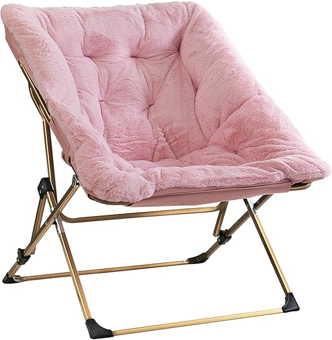 Walsham Folding Comfy Chair Faux Fur Soft Cozy Lounge Reading Papasan Chair for Adults Kids Bedroom Living Room Dorms Small Space Pink