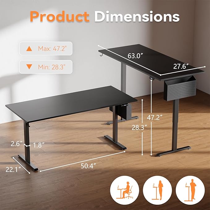 Electric Standing Desk Sit to Stand Up Computer Desk with Storage Bag Height Adjustable Memory Presets for Home Office Gaming Workstations 63 inch Study Table Black