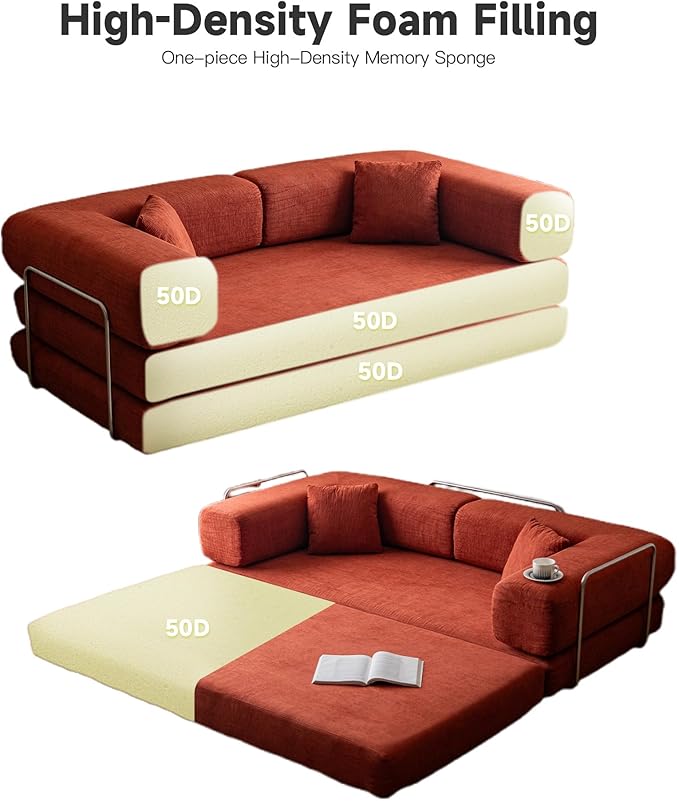 No Assembly Convertible Sofa Bed &amp 79 Boneless Couch with Pocket  5-in-1 Futon Sofa Bed with 2 Pillows Modular Pull Out Couch Bed with FrameCompression in Box for Living Room Small Spaces Orang
