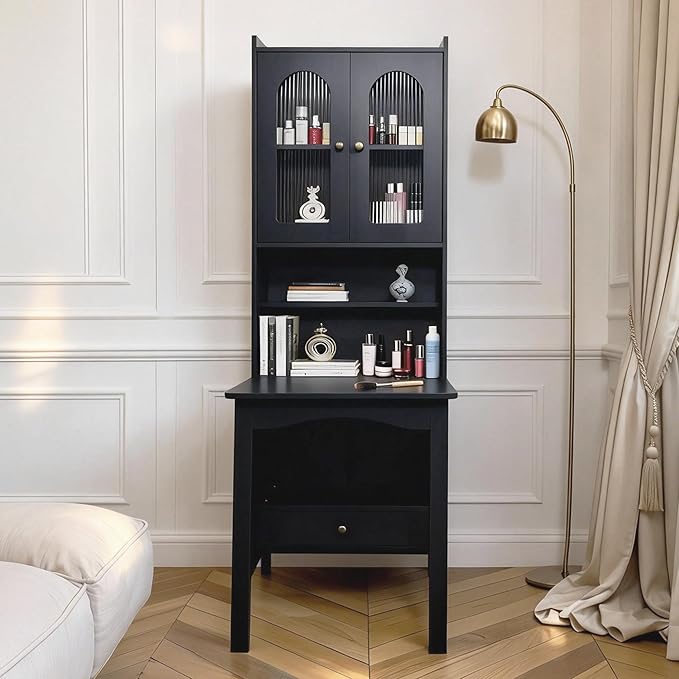 Fold-Out Convertible Writing Table Foldable Desk Cabinet with Shelf &amp Drawer Multi-Function Fold Out Desk &amp Bookshelf for Home Office Study Room(Black)