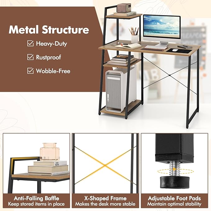 POWERSTONE 40 Computer Desk with 4-Tier Storage Shelves Home Office Corner Desk Writing Study Workstation Table for Small Space Natural