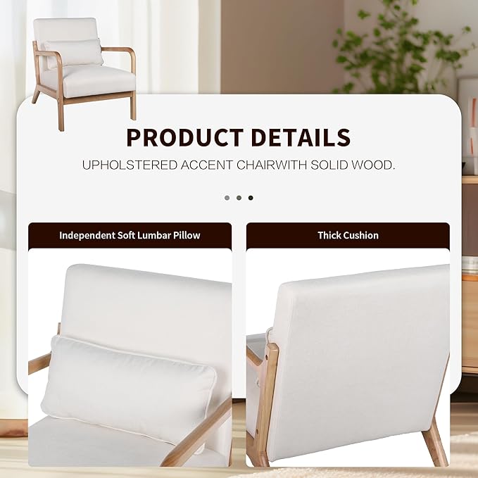 Mid-Century Modern Accent Armchair with Solid Rubberwood Frame Upholstered Lounge Chair with Detachable Lumbar Pillow for Living Room Bedroom &amp Office Upholstered Armchair for Girls Boys.