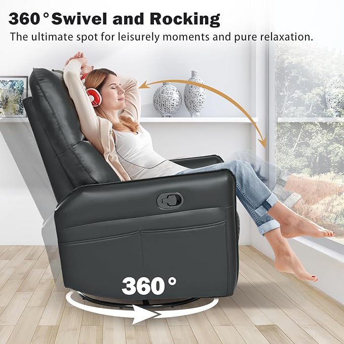 cinkehome Overstuffed Swivel Glider Recliner Manual Swivel Rocking Recliner Faux Leather Rocker Recliner Chair Side Pockets Black
