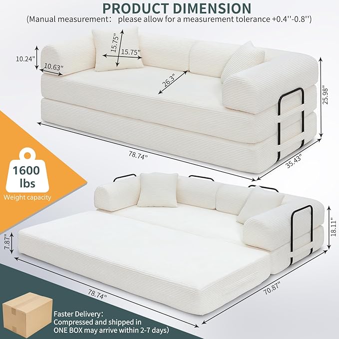 Convertible Sleeper Sofa Bed 1600lbs Weight Capacity Floor Sofa Bed with Fixed-Shape Frame Corduroy Foldable Couch for Small Space Lounge Mattress for Living Room Apartment Game Room (White)