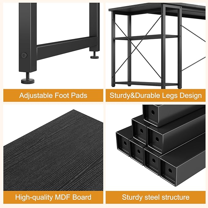 Grandder L Shaped Computer Desk with Reversible Shelves 47 Inch Small Corner Desk with Storage Bag Gaming Desk Computer Table Study Writing Table for Home Office Bedroom Small Space Black