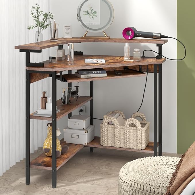 Auromie Corner Desk with Charging Station &amp LED Light Triangle Corner Desk with Monitor Stand &amp Keyboard Tray for Small Space Gaming Computer Desk with Storage Shelves for Home Office (Rusti