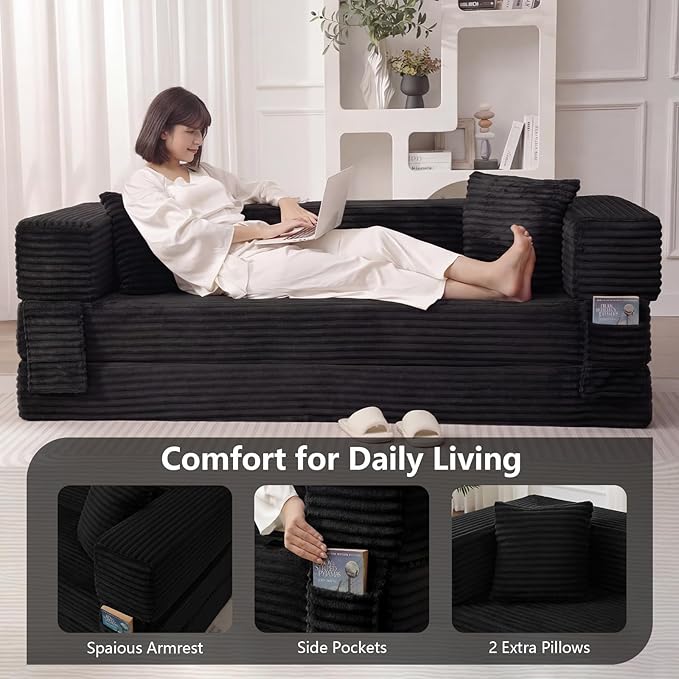 GNIXUU 78.7 Boneless Convertible Sleeper Sofa Bed 4-in-1 Folding Corduroy Futon Couch Bed Oversized Loveseat Modular Floor Mattress Couch for Living Room Bedroom Lounge No Assembly Black
