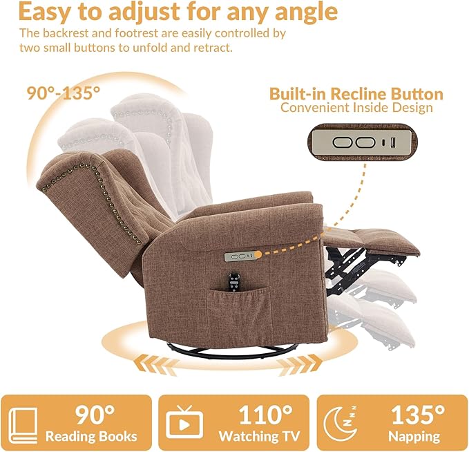 Power Swivel Rocking Glider Recliner Chair Electric Nursery Reclining Sofa Chair with Heat and Massage Wingback Tufted Upholstered Recliner for Living Room USB and Type-C Ports Brown
