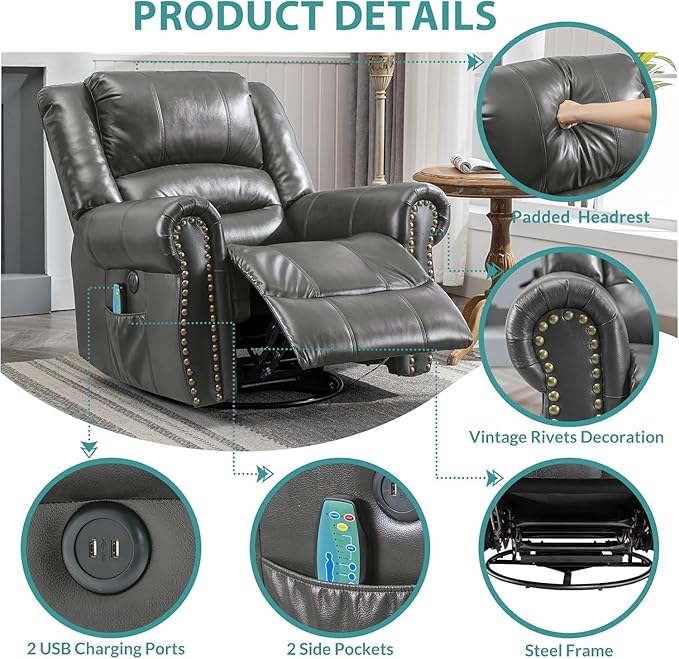 MEETWARM Oversized Massage Rocking Recliner Chair with Heat Manual Glider Swivel Rocker Recliner with High Back 360°Swivel Nursery Reclining Sofa with Remote Control/USB Port for Living Room(Gray)