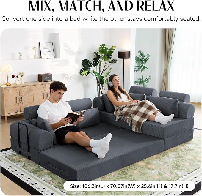 106 L-Shaped Modular Boneless Couch 2-Piece System (2×70.87) Convertible Sectional to 141.7 Straight Sofa Corduroy Couch in a Box Headrest &amp Back Pillows for Living Room Dark Blue