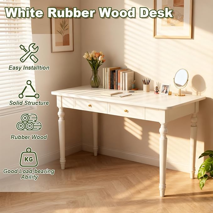 48in Rubber Wood Desk with Two Drawers French Home Office Writing Tables with Storage Multi-Functional Wood Vanity Study Desk for Bedroom Living-Room White