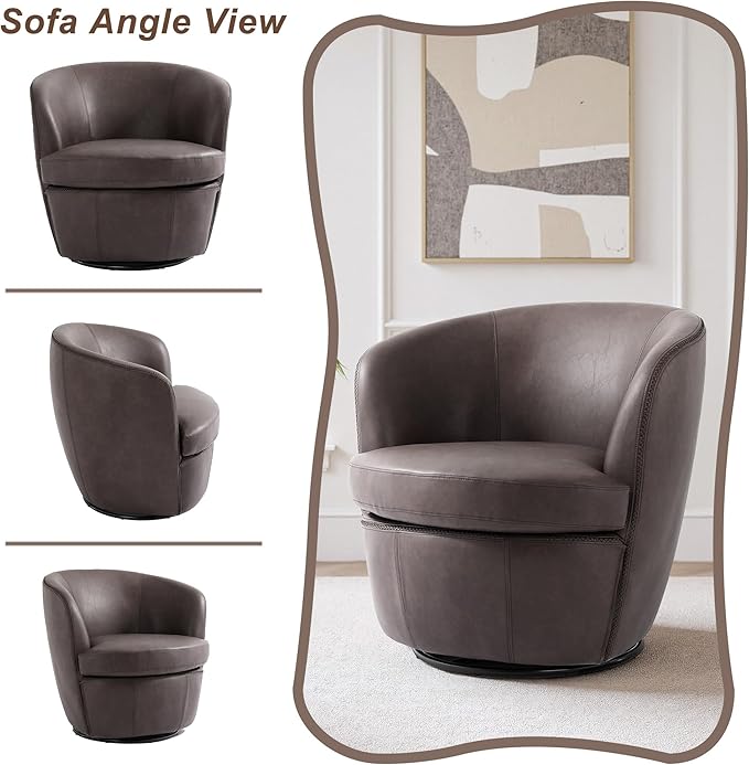 Swivel Barrel Chair Modern Round PU Leather Accent Armchair for Living Room Bedroom Comfy Club Reading Chairs for Adults (Leather Chocolate Set of 2)