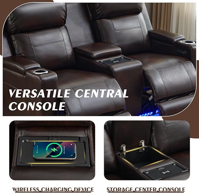 Power Reclining Loveseat with Console Power Loveseat Recliner Sofa with Adjustable Headrest/LED Light/Wireless Charging/Arm Storage Power Recliner Loveseat for Living Room (Brown 2 Seater)