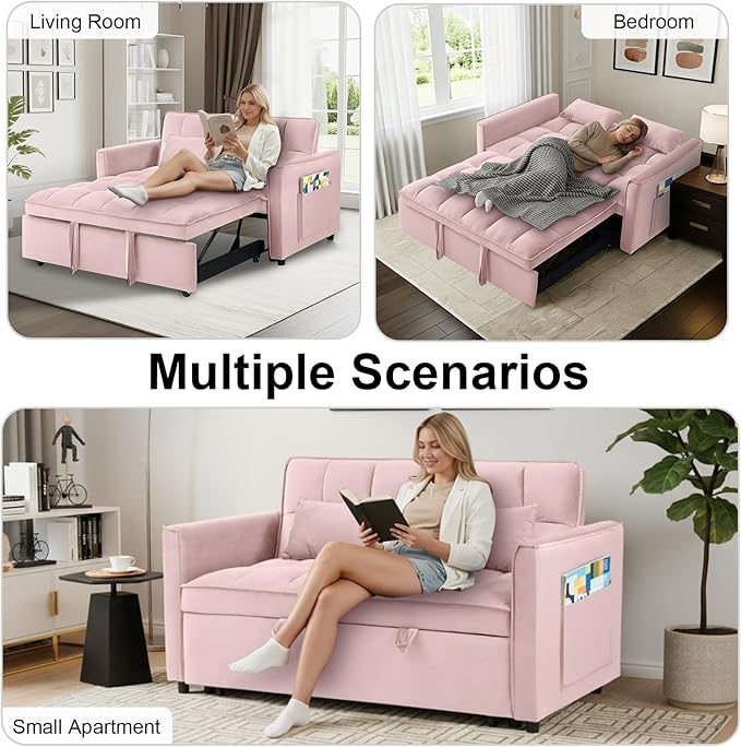 3 in 1 Convertible Sofa Bed Pull Out Couch with Adjustable Backrest Velvet Sleeper Sofa Loveseat with Pillows and Side Pockets for Living Room Bedroom Apartment Pink