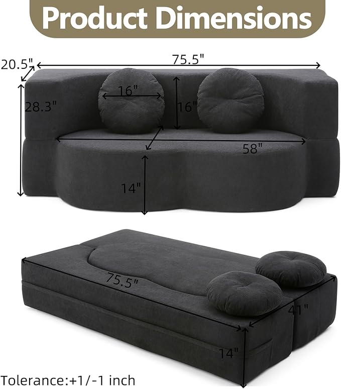 2-In-1 Futon Sofa Bed Foldable Couch with 2 Pillows Convertible Foldable Sofa Bed Folding Sofas Beds for Living Room Guest Room Apartment Office Lazy Sleeper Comfy No Assembly (Black)