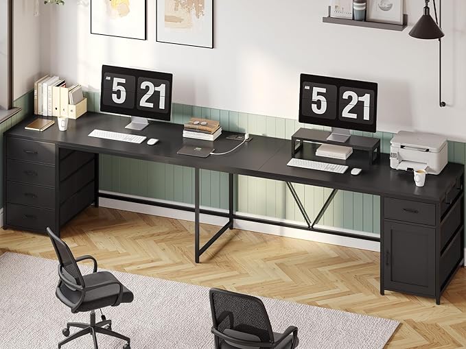Sedeta SEDETA L Shaped Desk 63'' Computer Desk with 5 Drawer &amp Power OutletLong Home Office Desk or Corner Desk L Shaped Corner Desk with Monitor Shelf Storage Cabinet Black