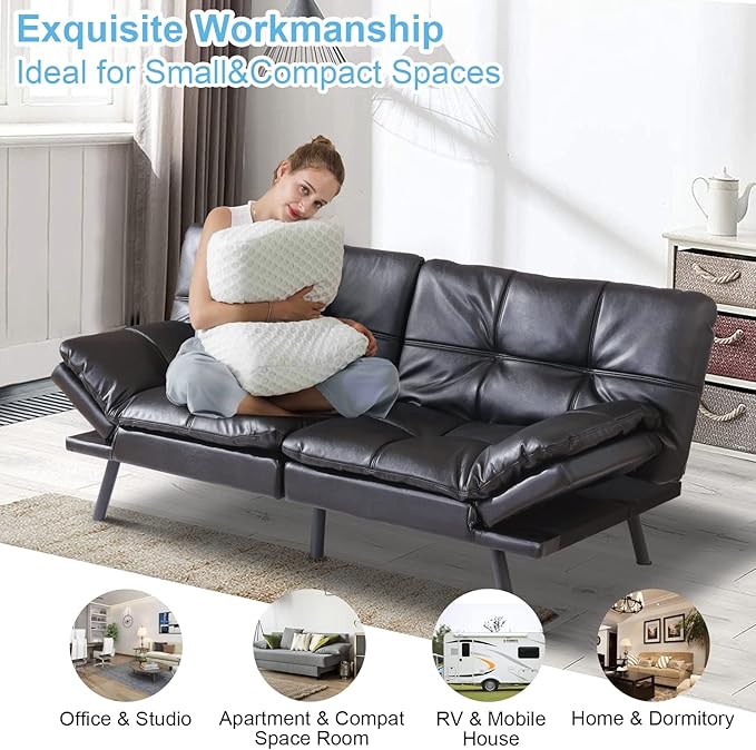 Black Faux Leather Futon Convertible Couch Bed Folding Memory Foam Sleeper Loveseat Adjustable Lounge Futon Sets Sofabed for Living RoomApartmentDormOffice