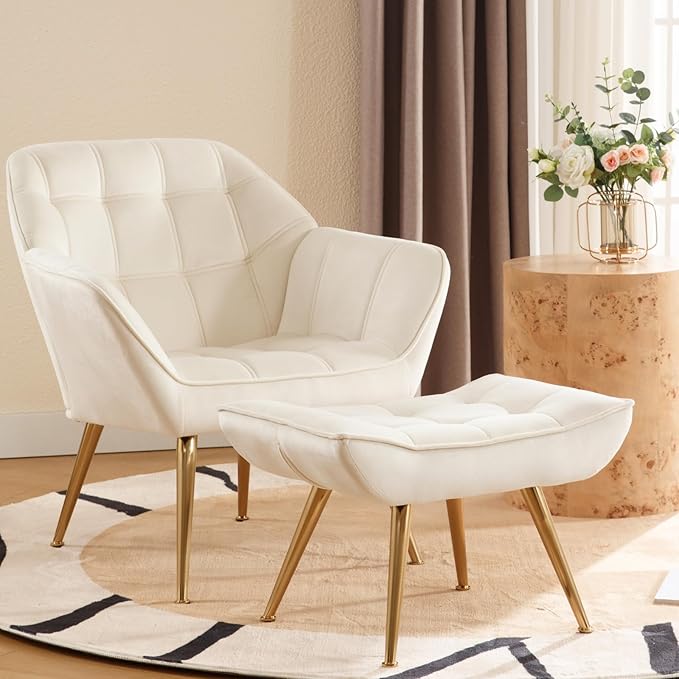 Beige Velvet Accent Chair with Ottoman Modern Reading Chair with Ottoman Set Comfy Fuzzy Armchair Living Room Chair Lounge Chairs with Metal Legs for Small Spaces Bedroom Apartment